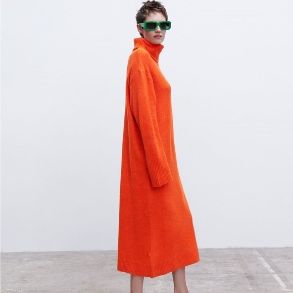 ZARA Oversized Knit Turtleneck Sweater Midi Dress Orange M - Picture 11 of 15